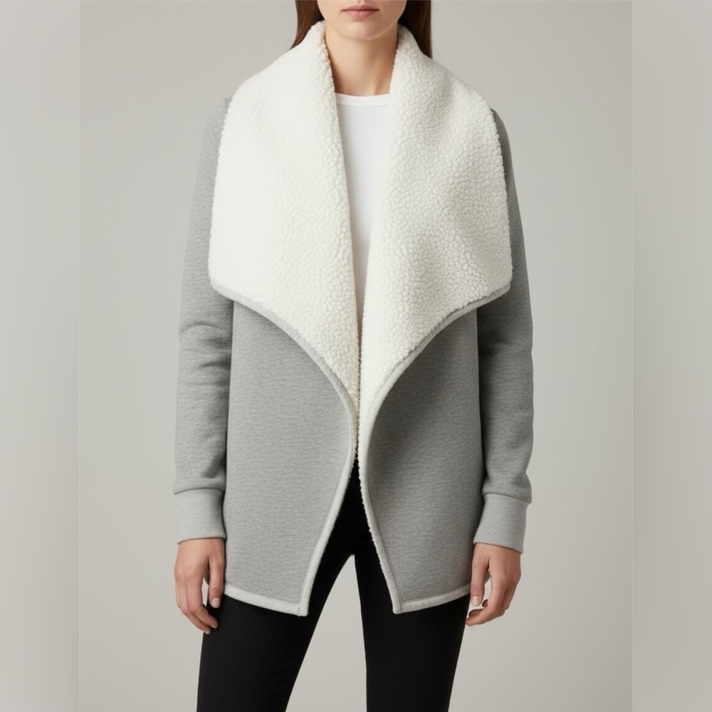 Abercrombie & Fitch Sherpa Lined Waterfall Cardigan Gray & White Sz XS